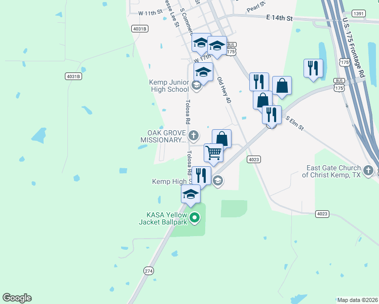 map of restaurants, bars, coffee shops, grocery stores, and more near 15150 Tolosa Rd in Kemp