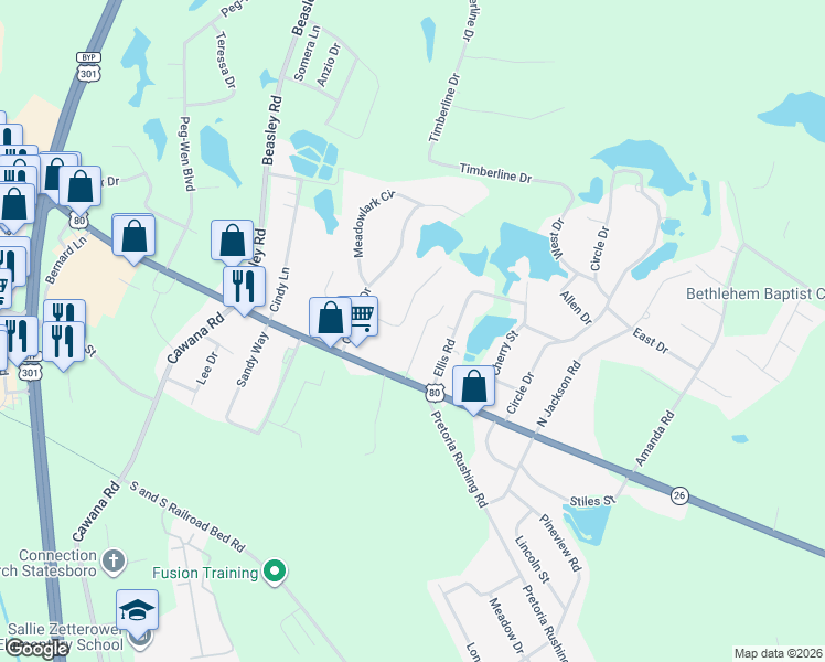 map of restaurants, bars, coffee shops, grocery stores, and more near 212 East Mockingbird Lane in Statesboro