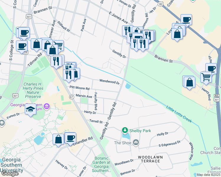 map of restaurants, bars, coffee shops, grocery stores, and more near 517 Pitt Moore Road in Statesboro