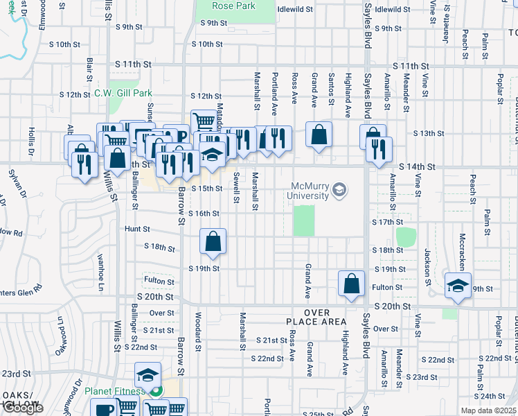 map of restaurants, bars, coffee shops, grocery stores, and more near 1549 Marshall Street in Abilene