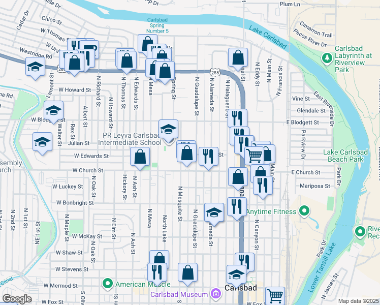 map of restaurants, bars, coffee shops, grocery stores, and more near 905 N Guadalupe St in Carlsbad
