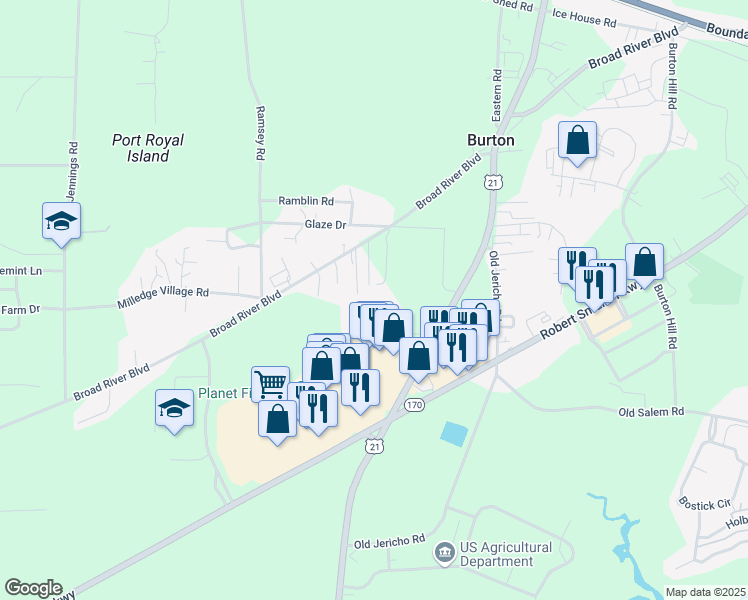 map of restaurants, bars, coffee shops, grocery stores, and more near 18 Fc Carter Drive in Beaufort