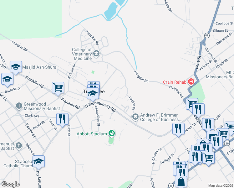map of restaurants, bars, coffee shops, grocery stores, and more near Payton Drive in Tuskegee