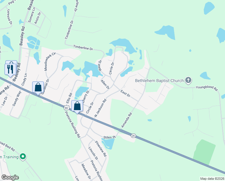map of restaurants, bars, coffee shops, grocery stores, and more near 117 North Jackson Road in Statesboro
