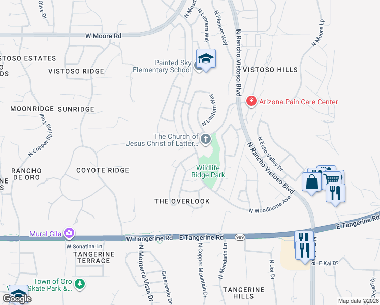 map of restaurants, bars, coffee shops, grocery stores, and more near 12335 North Kylene Canyon Drive in Oro Valley