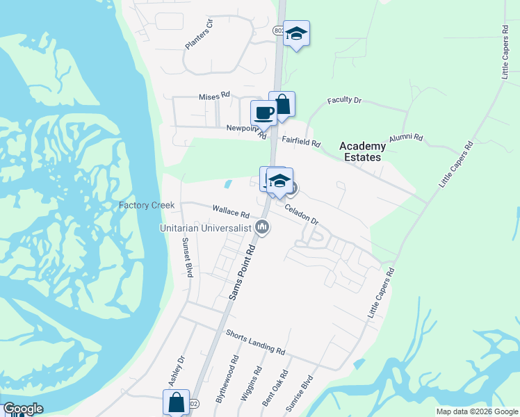 map of restaurants, bars, coffee shops, grocery stores, and more near 191 Sams Point Rd in Beaufort