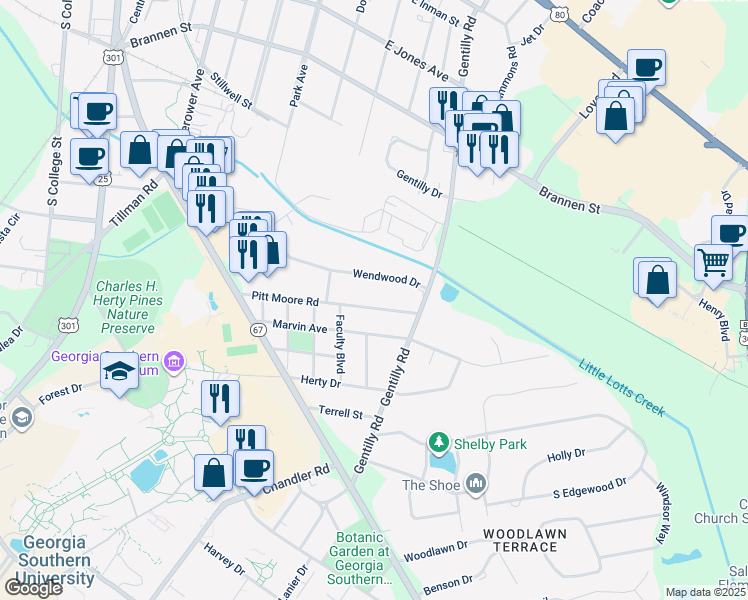 map of restaurants, bars, coffee shops, grocery stores, and more near 513 Pitt Moore Road in Statesboro
