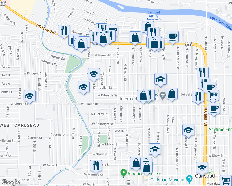 map of restaurants, bars, coffee shops, grocery stores, and more near 900 North Richard Street in Carlsbad