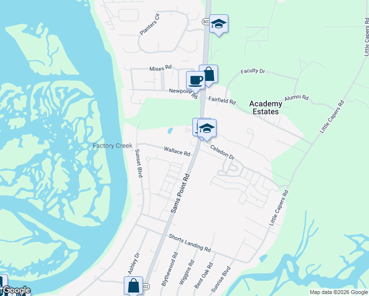 map of restaurants, bars, coffee shops, grocery stores, and more near 191 Sams Point Road in Beaufort