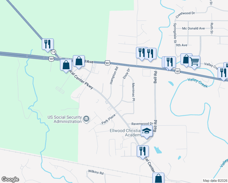map of restaurants, bars, coffee shops, grocery stores, and more near 508 Hampton Rd in Selma