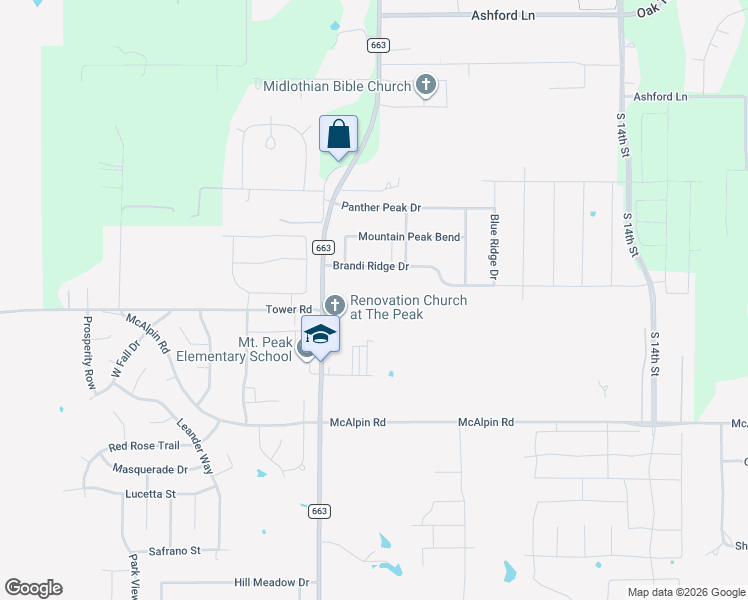 map of restaurants, bars, coffee shops, grocery stores, and more near 4880 Farm to Market Road 663 in Midlothian