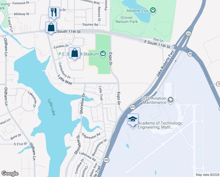 map of restaurants, bars, coffee shops, grocery stores, and more near 1550 Creek Bend Court in Abilene