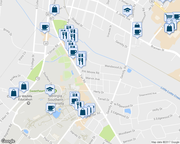 map of restaurants, bars, coffee shops, grocery stores, and more near 301 Hollis Street in Statesboro