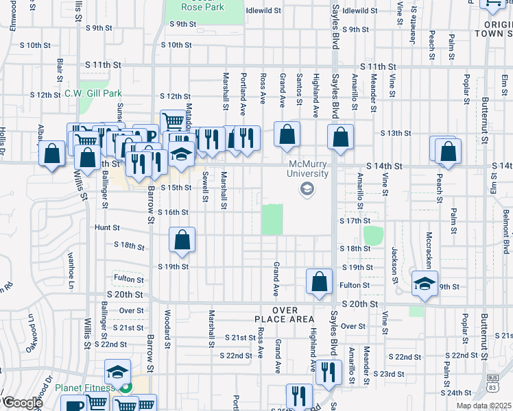 map of restaurants, bars, coffee shops, grocery stores, and more near 1548 Ross Avenue in Abilene