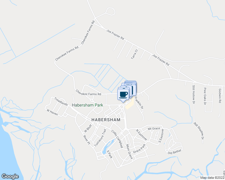 map of restaurants, bars, coffee shops, grocery stores, and more near 125 Cherokee Farms Road in Beaufort