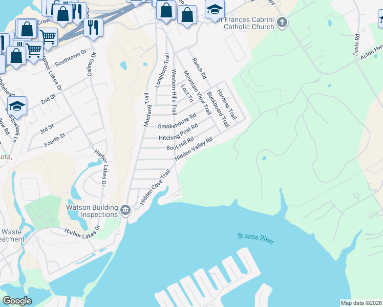 map of restaurants, bars, coffee shops, grocery stores, and more near 1825 Hidden Valley Road in Granbury