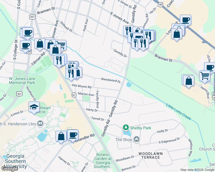 map of restaurants, bars, coffee shops, grocery stores, and more near 517 Pitt Moore Road in Statesboro