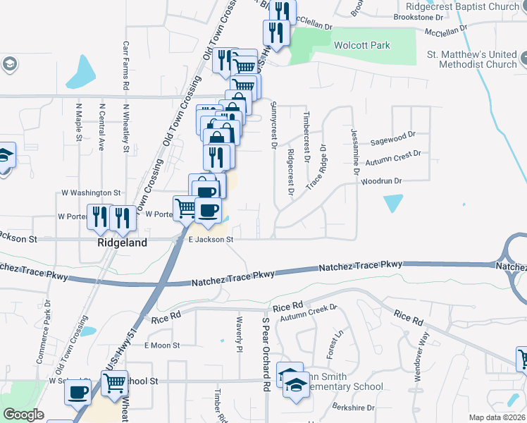 map of restaurants, bars, coffee shops, grocery stores, and more near 109 Trace Ridge Drive in Ridgeland