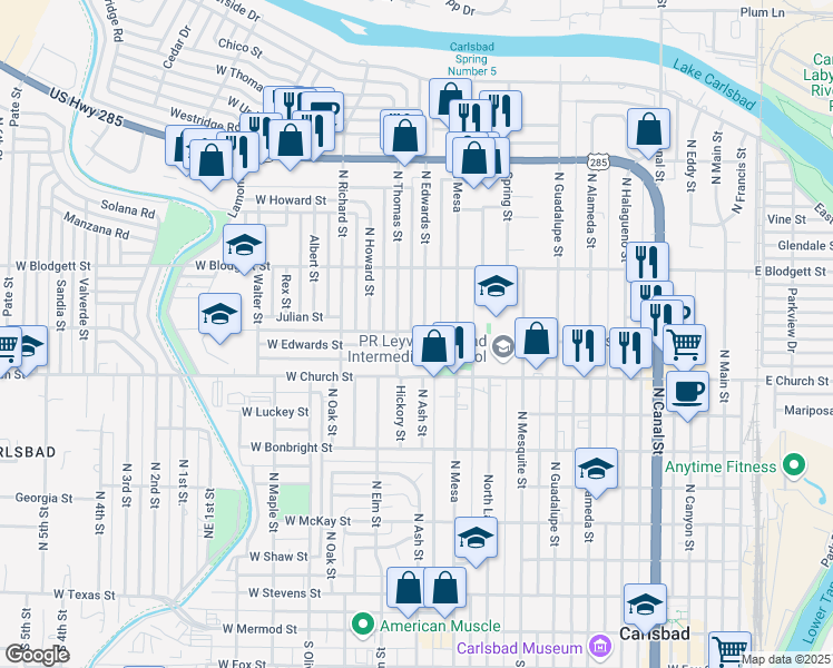 map of restaurants, bars, coffee shops, grocery stores, and more near 807 North Edwards Street in Carlsbad