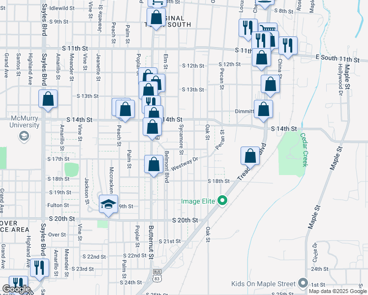 map of restaurants, bars, coffee shops, grocery stores, and more near 1557 Sycamore Street in Abilene