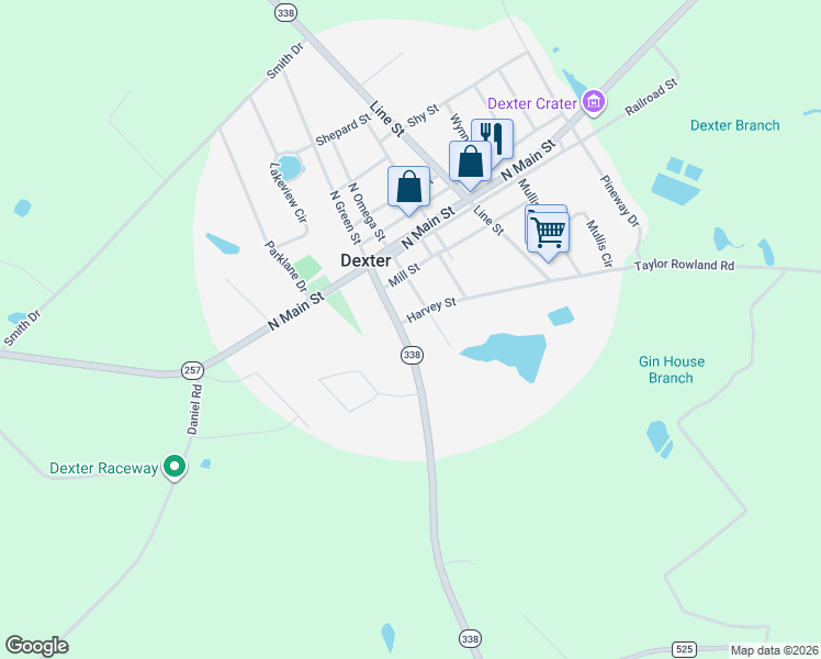 map of restaurants, bars, coffee shops, grocery stores, and more near 306 South Green Street in Dexter