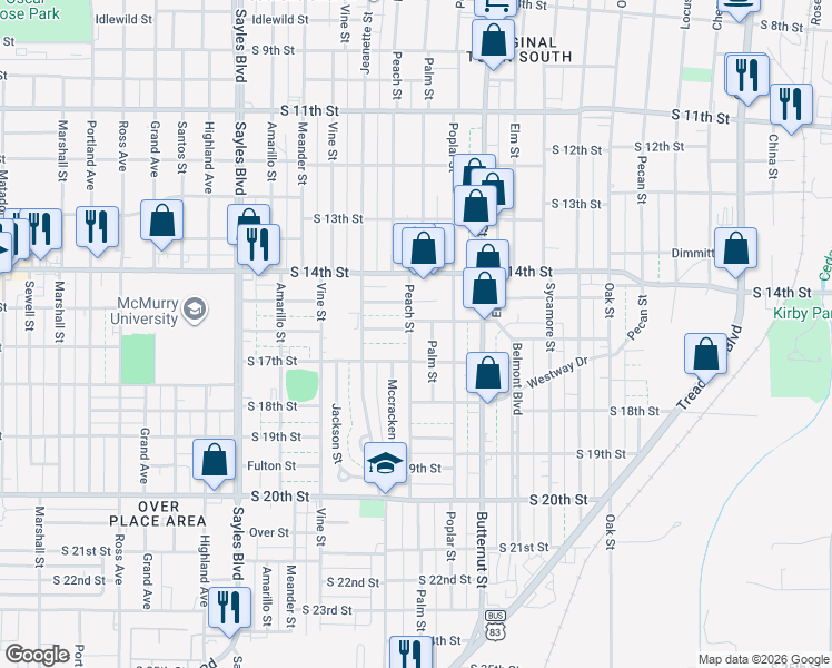 map of restaurants, bars, coffee shops, grocery stores, and more near 1609 Peach St in Abilene