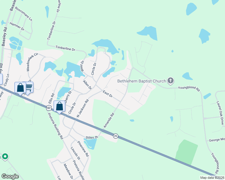 map of restaurants, bars, coffee shops, grocery stores, and more near 106 Princess Lane in Statesboro
