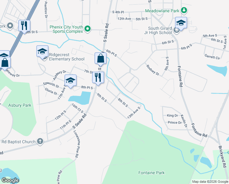 map of restaurants, bars, coffee shops, grocery stores, and more near 1402 8th Street South in Phenix City