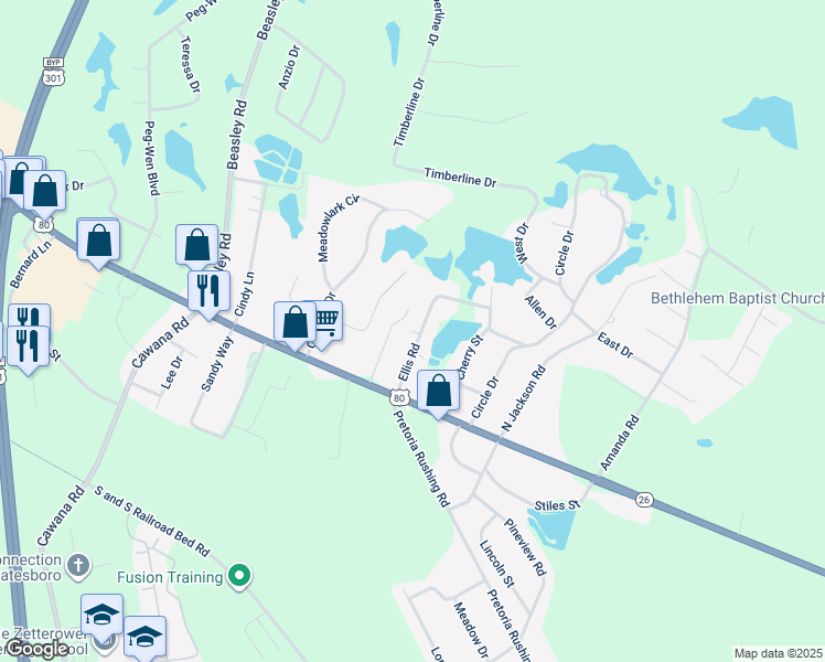 map of restaurants, bars, coffee shops, grocery stores, and more near 111 Ellis Road in Statesboro