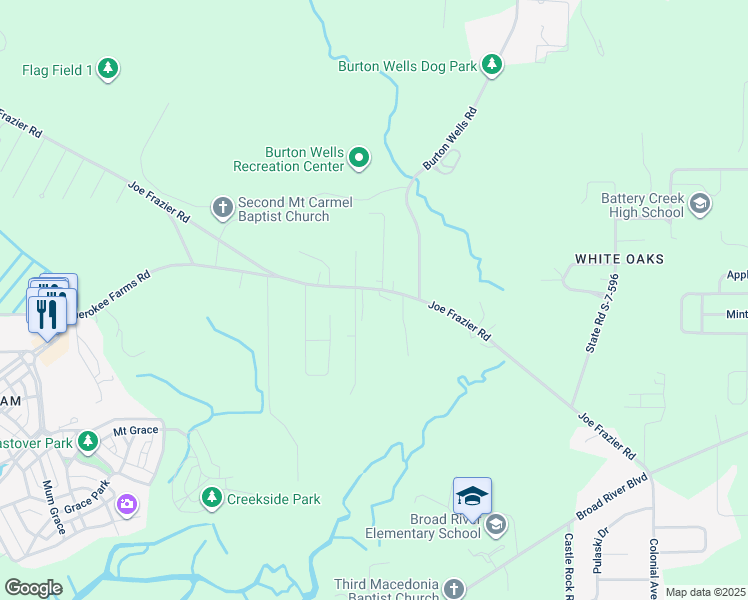 map of restaurants, bars, coffee shops, grocery stores, and more near 151 Joe Frazier Road in Beaufort