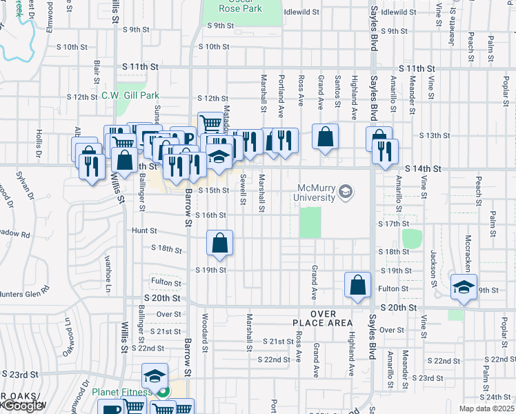 map of restaurants, bars, coffee shops, grocery stores, and more near 1542 Marshall Street in Abilene