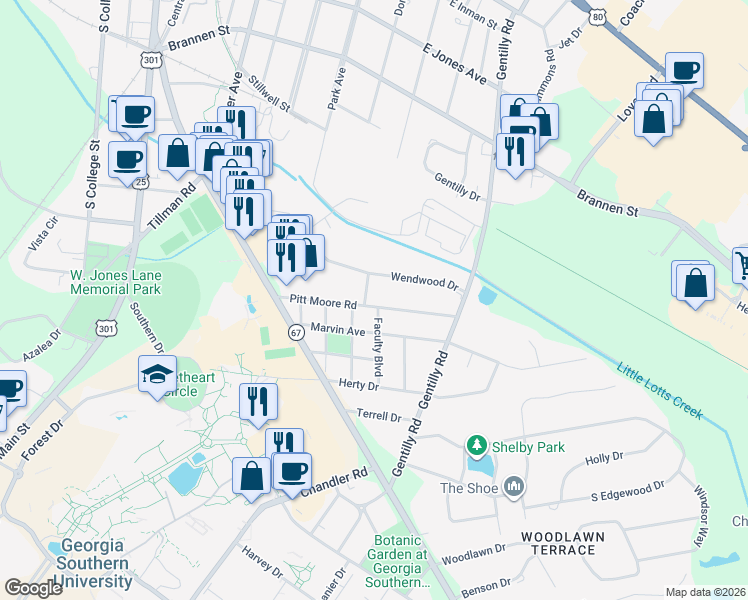 map of restaurants, bars, coffee shops, grocery stores, and more near 501 Pitt Moore Road in Statesboro
