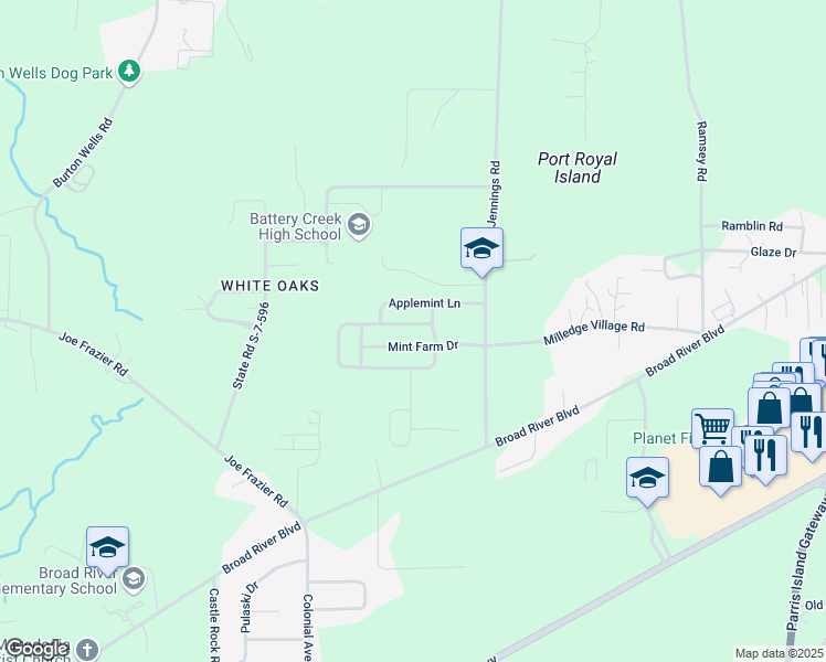 map of restaurants, bars, coffee shops, grocery stores, and more near 98 Wintergreen Drive in Beaufort