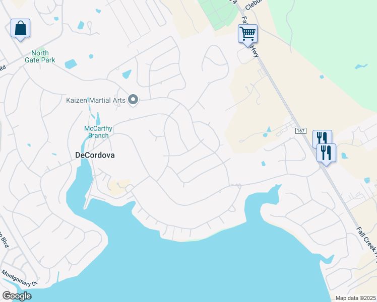map of restaurants, bars, coffee shops, grocery stores, and more near Conejos Drive in Granbury