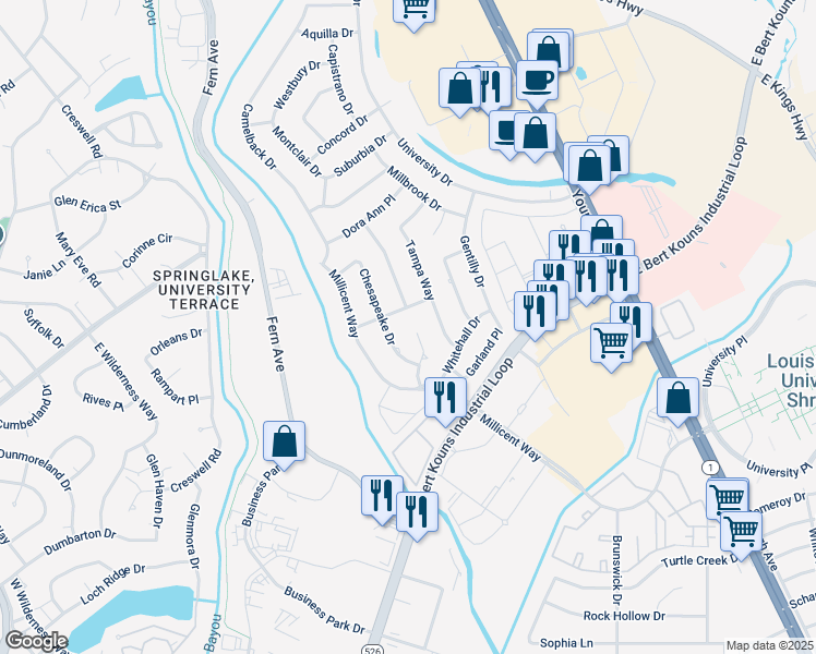 map of restaurants, bars, coffee shops, grocery stores, and more near 7702 Southfork Drive in Shreveport