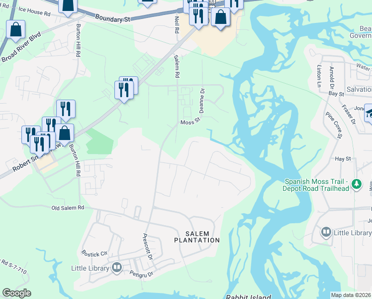 map of restaurants, bars, coffee shops, grocery stores, and more near 95 Salem Farm Road in Beaufort