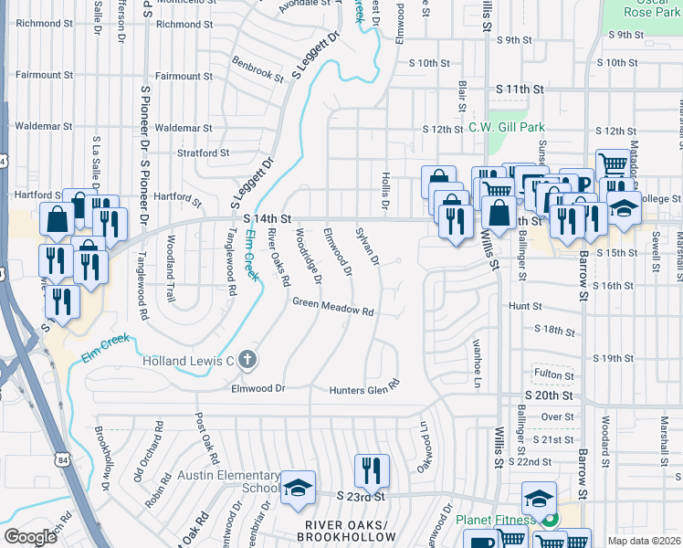 map of restaurants, bars, coffee shops, grocery stores, and more near 1518 Elmwood Drive in Abilene
