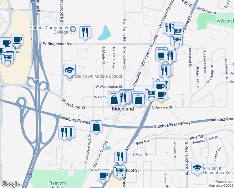 map of restaurants, bars, coffee shops, grocery stores, and more near 120 North Central Avenue in Ridgeland