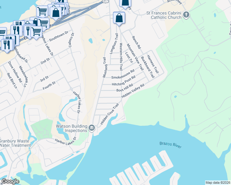 map of restaurants, bars, coffee shops, grocery stores, and more near 1726 Hidden Valley Road in Granbury