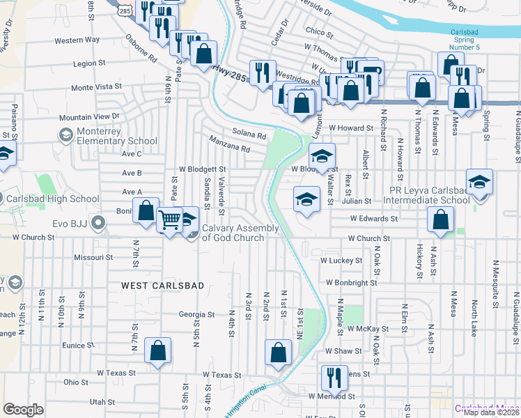 map of restaurants, bars, coffee shops, grocery stores, and more near 814 Solana Road in Carlsbad