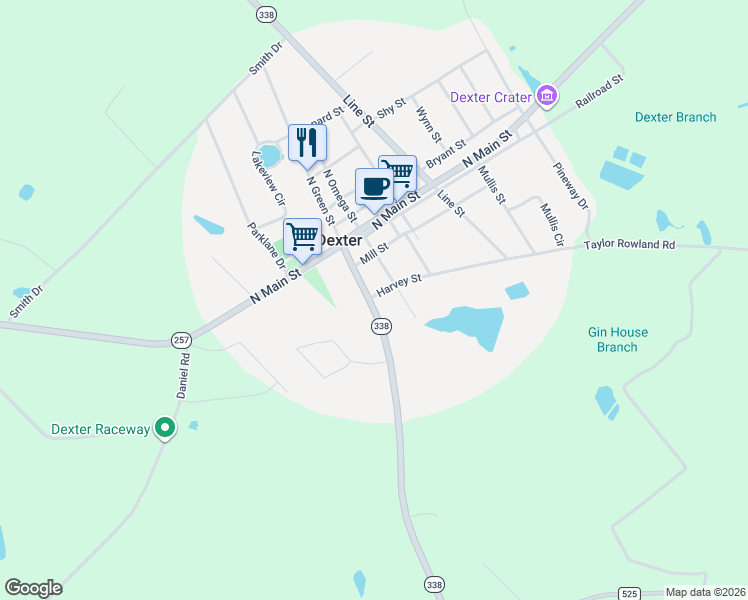 map of restaurants, bars, coffee shops, grocery stores, and more near 306 South Green Street in Dexter