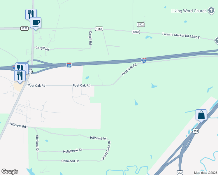 map of restaurants, bars, coffee shops, grocery stores, and more near 1503 Post Oak Road in Kilgore