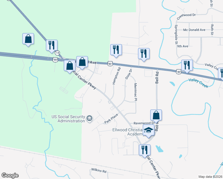 map of restaurants, bars, coffee shops, grocery stores, and more near 508 Hampton Rd in Selma