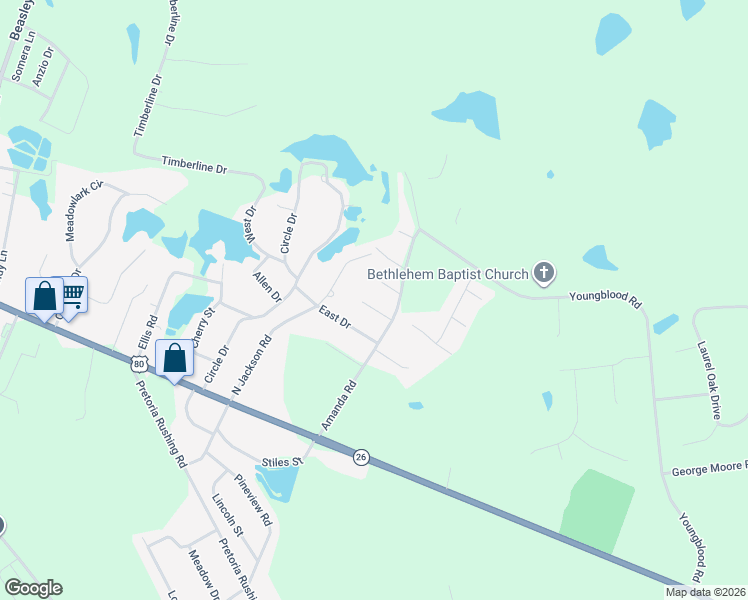 map of restaurants, bars, coffee shops, grocery stores, and more near 105 Princess Lane in Statesboro