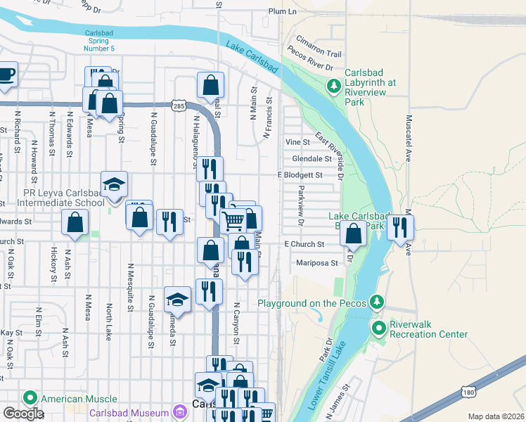 map of restaurants, bars, coffee shops, grocery stores, and more near 904 North Main Street in Carlsbad