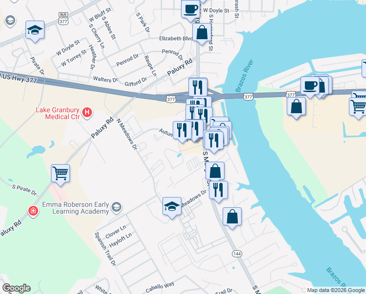map of restaurants, bars, coffee shops, grocery stores, and more near 715 Autumn Ridge Drive in Granbury