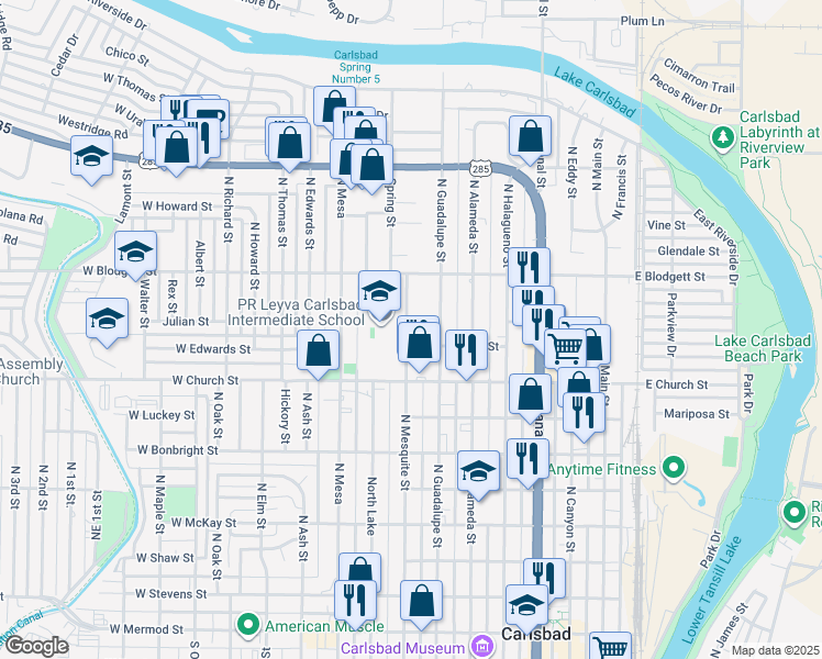 map of restaurants, bars, coffee shops, grocery stores, and more near 905 North Guadalupe Street in Carlsbad