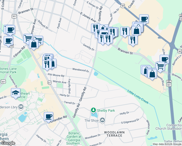 map of restaurants, bars, coffee shops, grocery stores, and more near 723 Gentilly Road in Statesboro