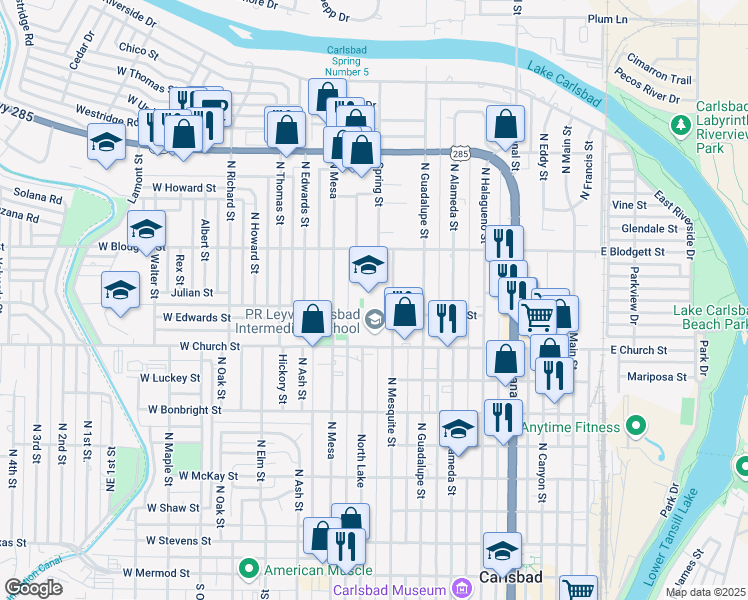 map of restaurants, bars, coffee shops, grocery stores, and more near 800 West Church Street in Carlsbad