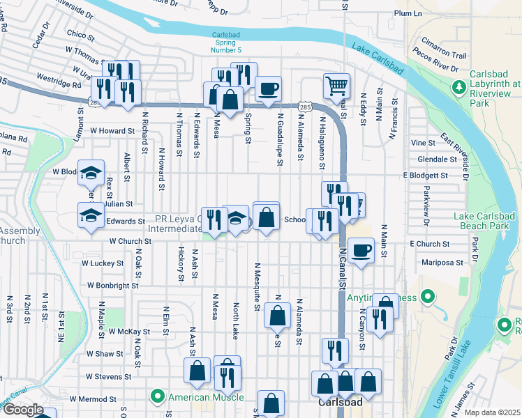 map of restaurants, bars, coffee shops, grocery stores, and more near 904 North Mesquite Street in Carlsbad